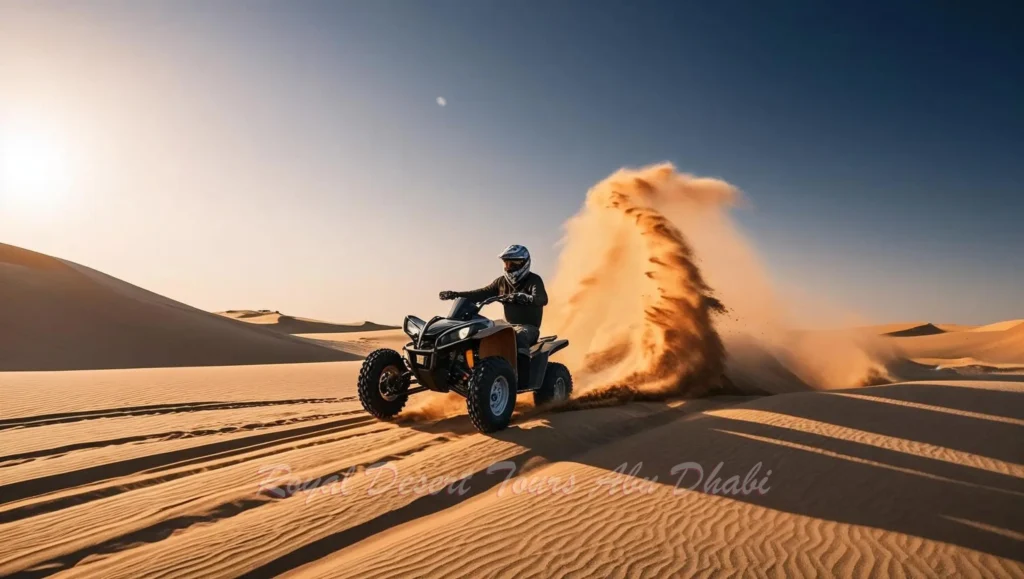 "A high-powered buggy speeds through golden dunes during an evening desert safari in Abu Dhabi, offering a thrilling ride before unwinding at a traditional camp for a desert safari and BBQ dinner in Abu Dhabi.